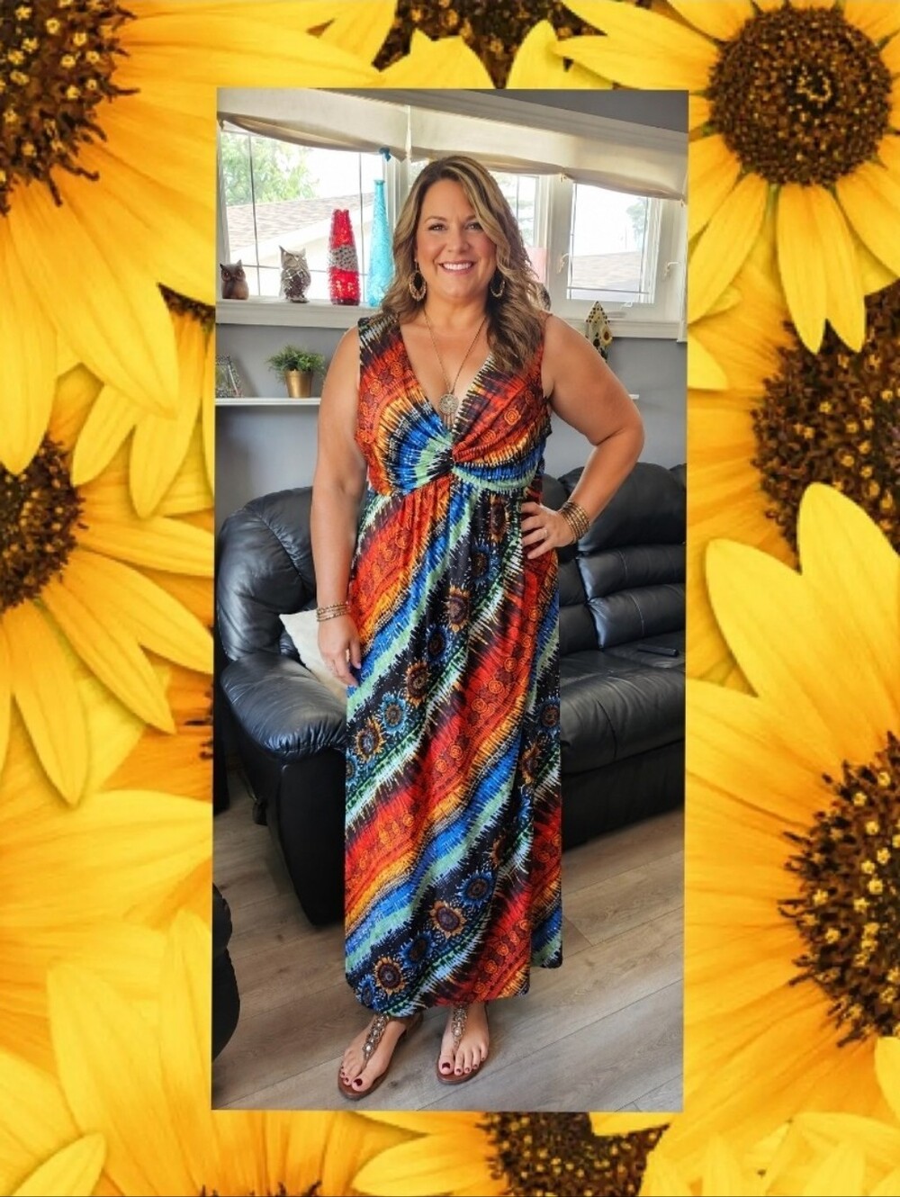 Chico's Rainbow Tie Dye Sunflower Maxi Dress Twist Front Size XL